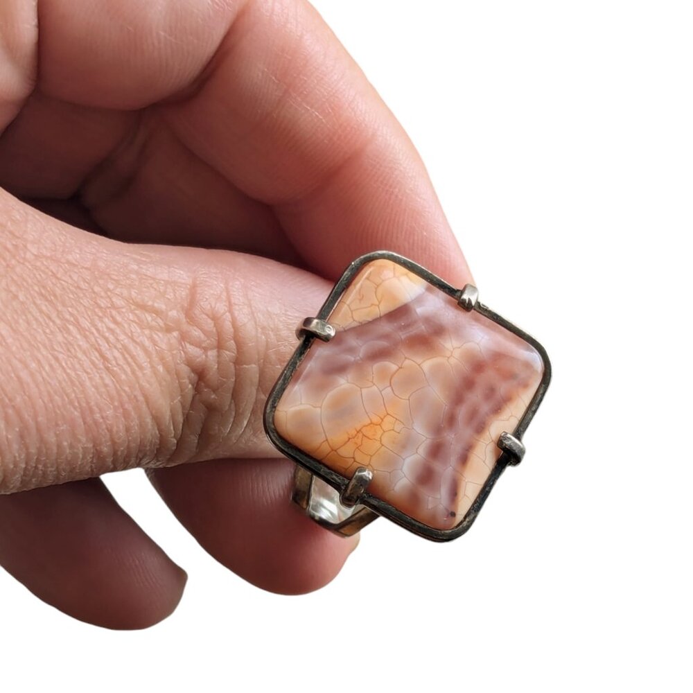 Rhodochrosite Stone Sterling Silver 925 Ring Boho Faceted Gemstone Raised Square